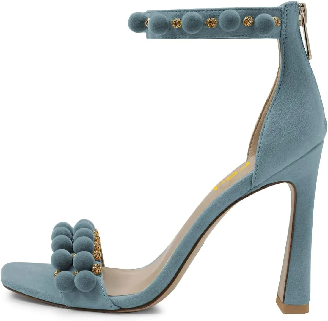 FSJ Women Cute Hair Ball Ankle Strap Sandals Open Toe Chunky High Heels Back Zip Daily Party Dress Shoes Size 4-15 US