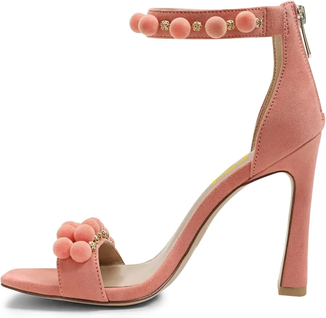 FSJ Women Cute Hair Ball Ankle Strap Sandals Open Toe Chunky High Heels Back Zip Daily Party Dress Shoes Size 4-15 US