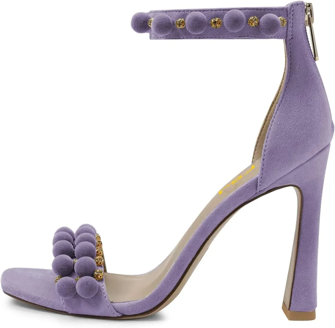 FSJ Women Cute Hair Ball Ankle Strap Sandals Open Toe Chunky High Heels Back Zip Daily Party Dress Shoes Size 4-15 US