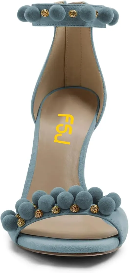 FSJ Women Cute Hair Ball Ankle Strap Sandals Open Toe Chunky High Heels Back Zip Daily Party Dress Shoes Size 4-15 US