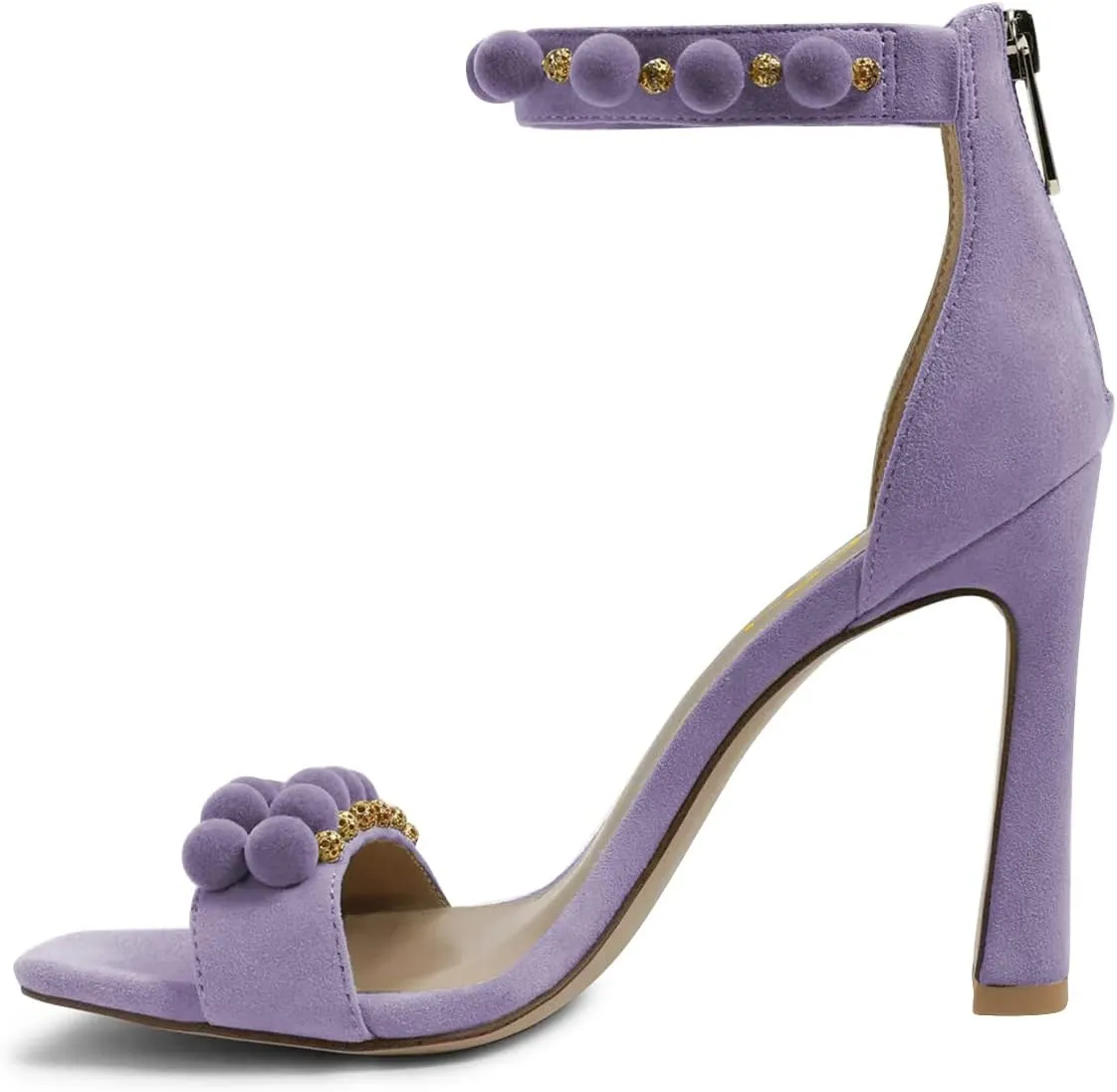 FSJ Women Cute Hair Ball Ankle Strap Sandals Open Toe Chunky High Heels Back Zip Daily Party Dress Shoes Size 4-15 US