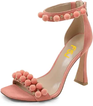 FSJ Women Cute Hair Ball Ankle Strap Sandals Open Toe Chunky High Heels Back Zip Daily Party Dress Shoes Size 4-15 US