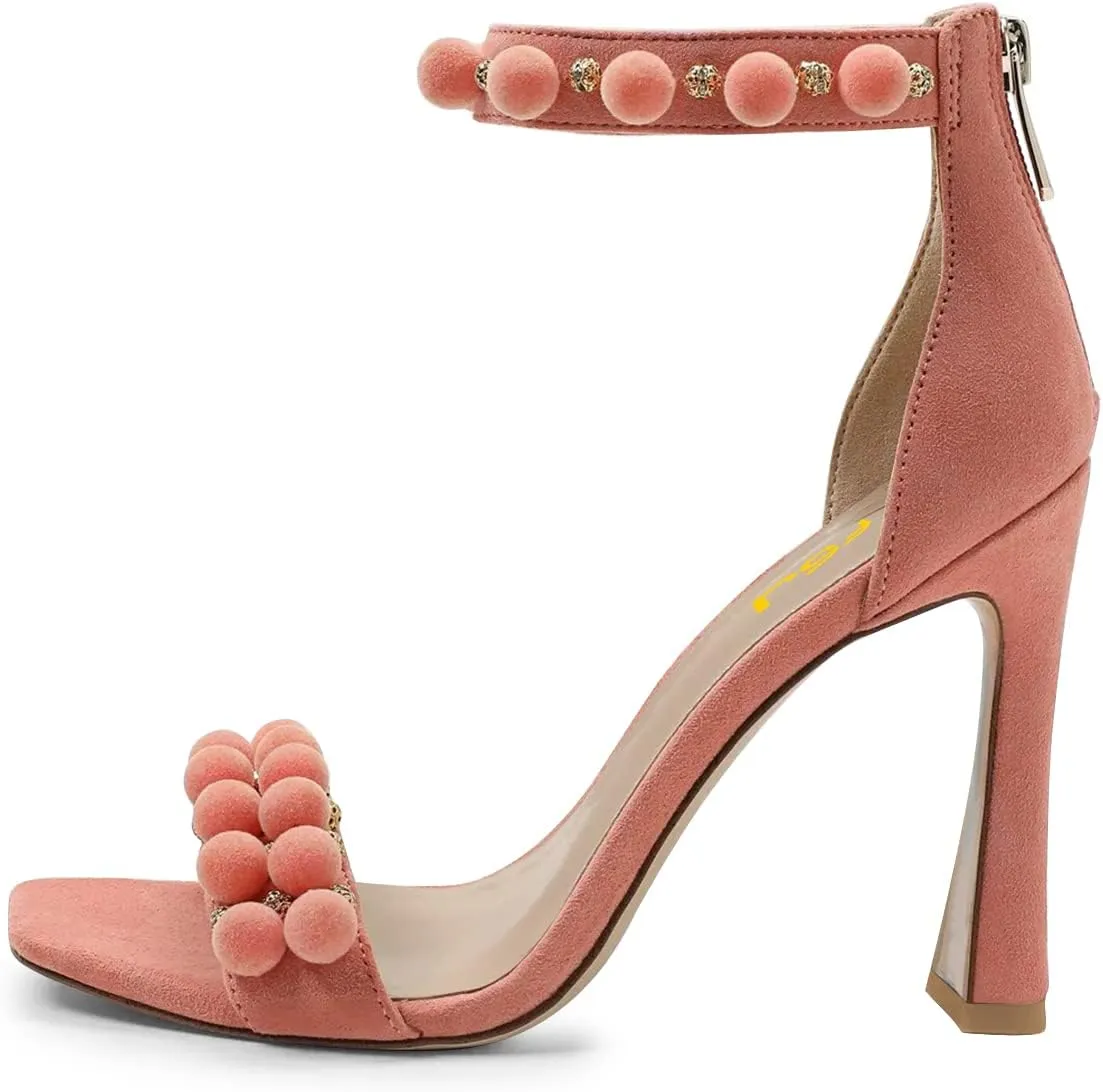 FSJ Women Cute Hair Ball Ankle Strap Sandals Open Toe Chunky High Heels Back Zip Daily Party Dress Shoes Size 4-15 US