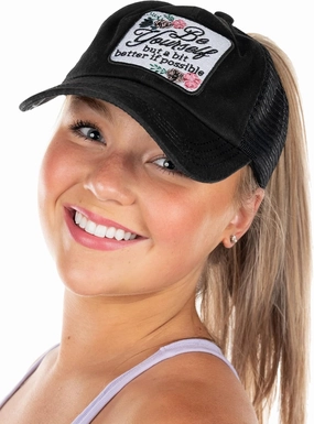 Funky Junque Women's Distressed Ponytail Mesh Trucker Cap - Criss Cross Elastic Bands