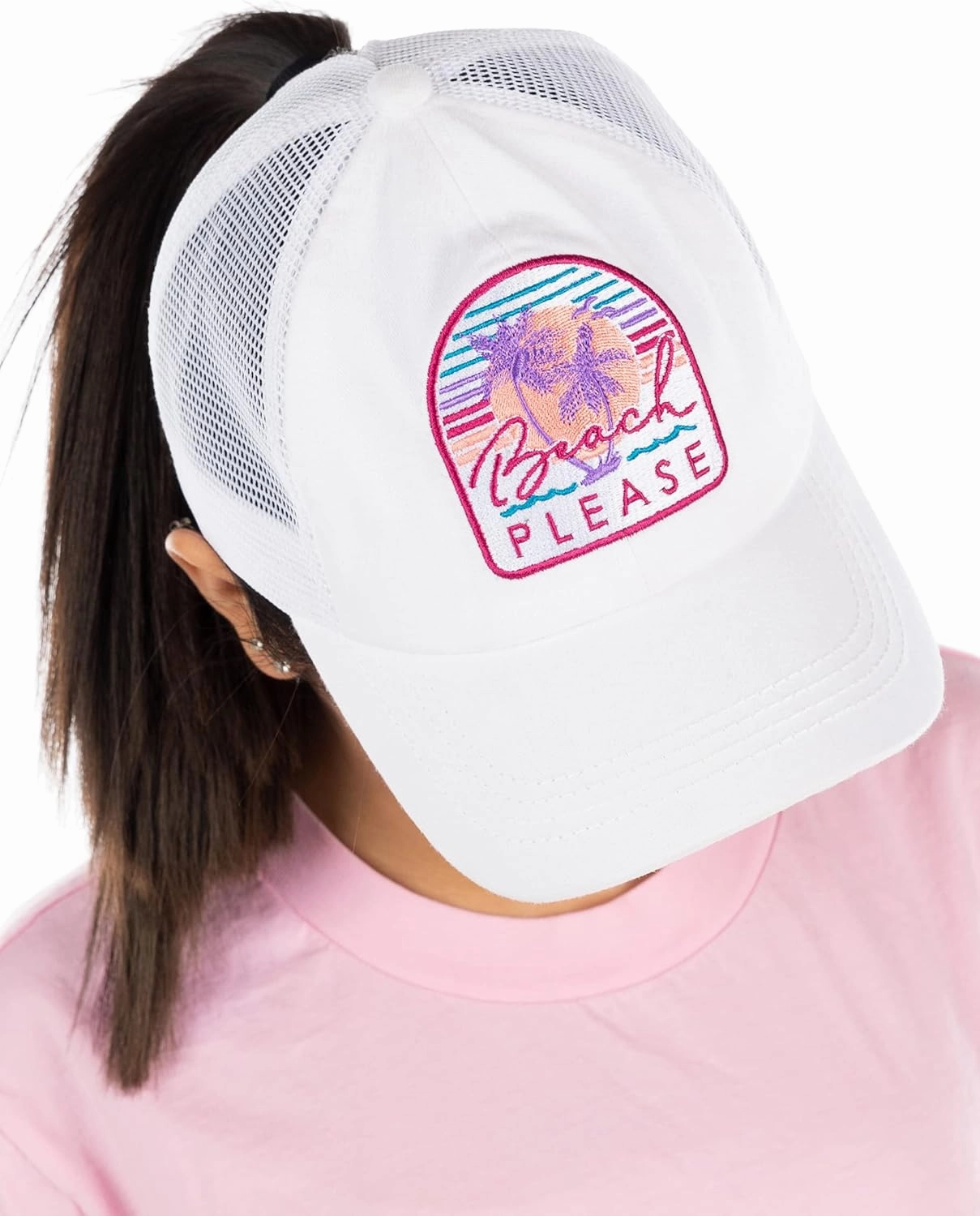 Funky Junque Women's Distressed Ponytail Mesh Trucker Cap - Criss Cross Elastic Bands