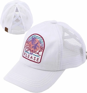 Funky Junque Women's Distressed Ponytail Mesh Trucker Cap - Criss Cross Elastic Bands