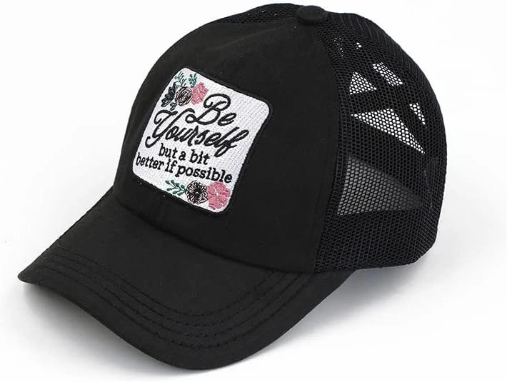 Funky Junque Women's Distressed Ponytail Mesh Trucker Cap - Criss Cross Elastic Bands
