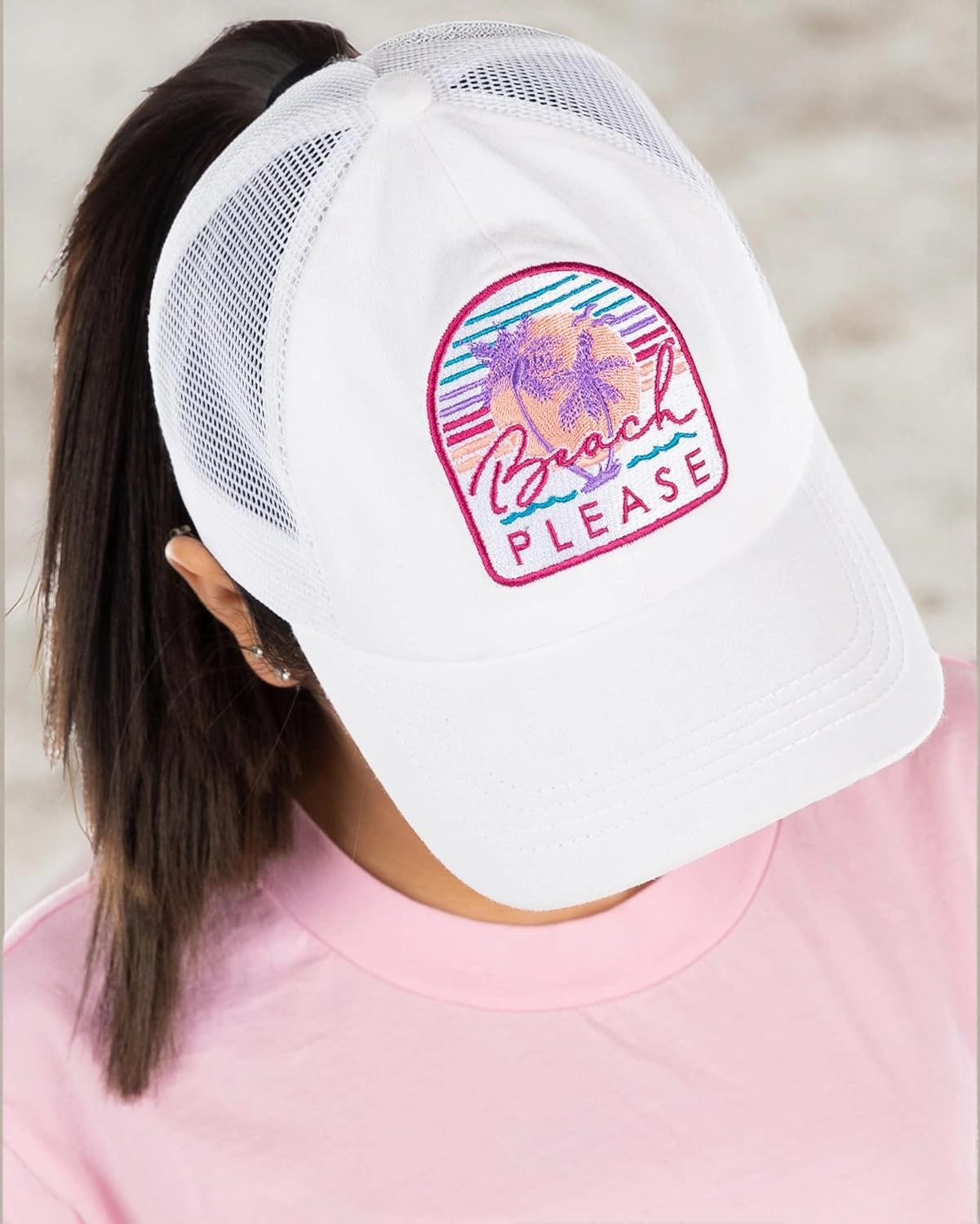 Funky Junque Women's Distressed Ponytail Mesh Trucker Cap - Criss Cross Elastic Bands