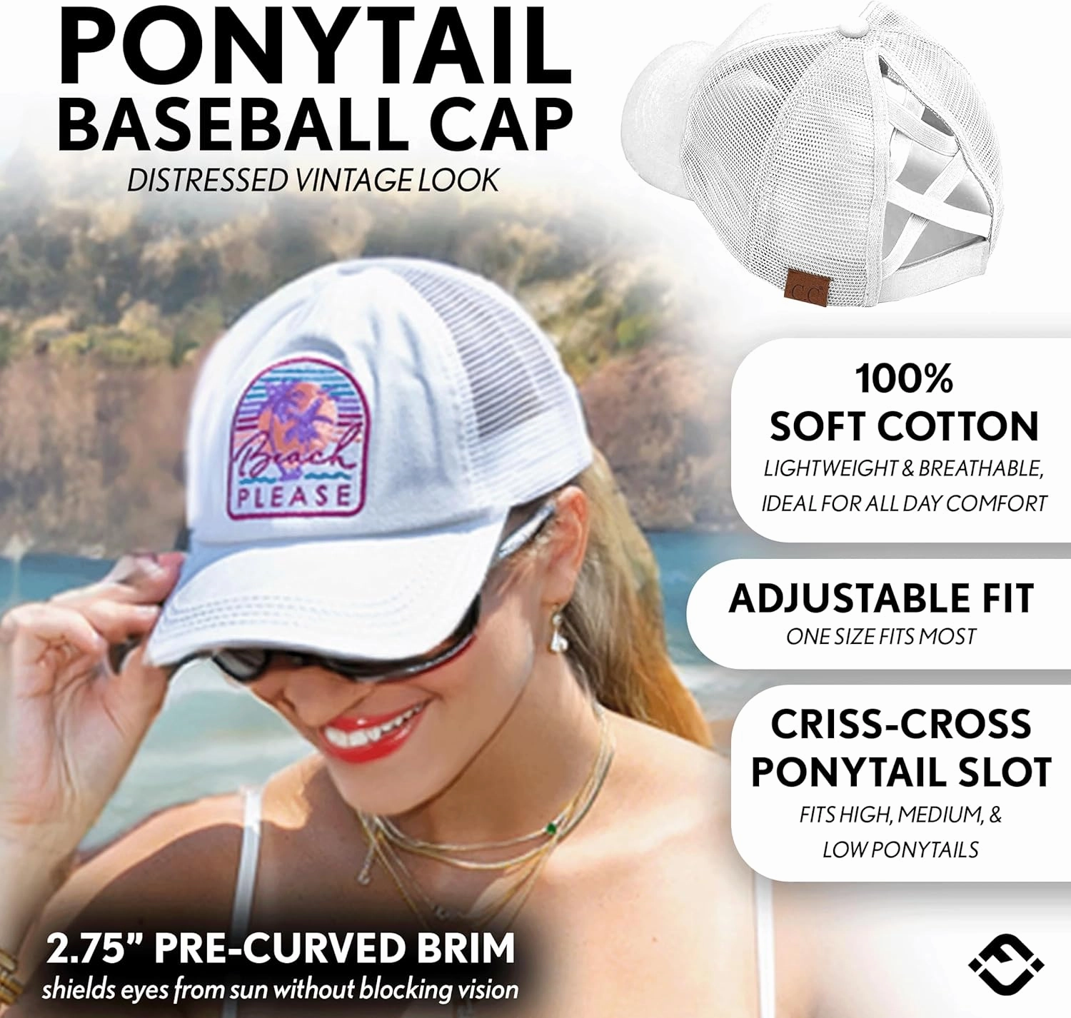 Funky Junque Women's Distressed Ponytail Mesh Trucker Cap - Criss Cross Elastic Bands