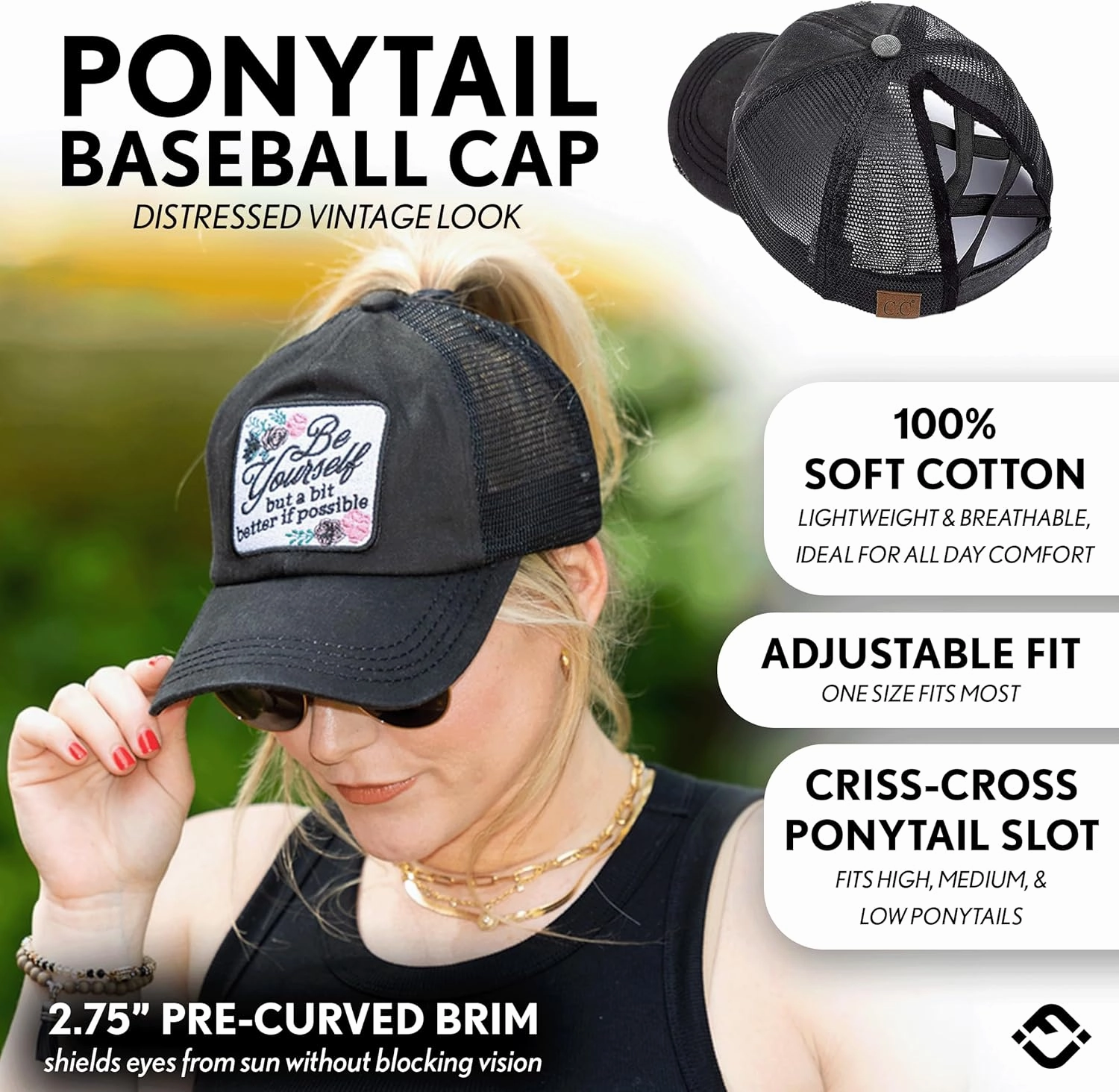 Funky Junque Women's Distressed Ponytail Mesh Trucker Cap - Criss Cross Elastic Bands