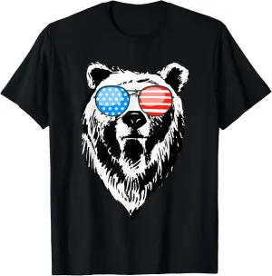 Funny Bear American USA Flag Sunglasses Camping Hunting Gift T-Shirt