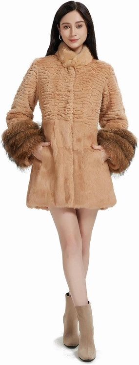 Fur Story Women's Genuine Rabbit Fur Coat With Fox Fur Cuffs Warm Winter Coat Black Long Jacket
