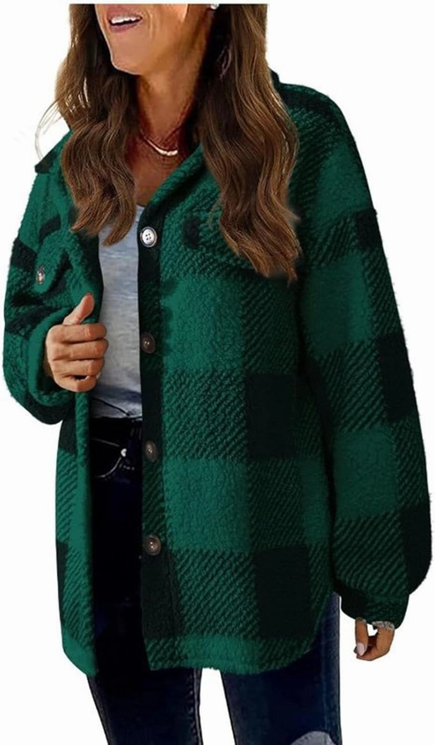 Fuzzy Fleece Plaid Jacket For Women Casual Loose Plus Size Button Down Sherpa Shacket Warm Winter Shearling Coat