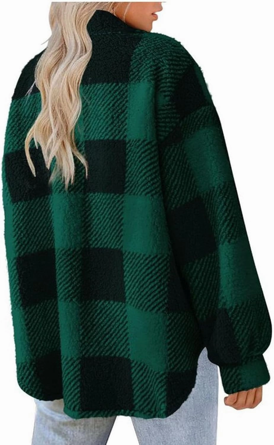 Fuzzy Fleece Plaid Jacket For Women Casual Loose Plus Size Button Down Sherpa Shacket Warm Winter Shearling Coat