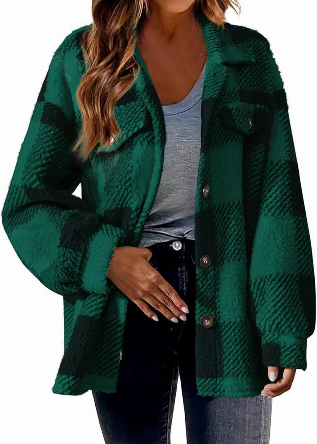 Fuzzy Fleece Plaid Jacket For Women Casual Loose Plus Size Button Down Sherpa Shacket Warm Winter Shearling Coat