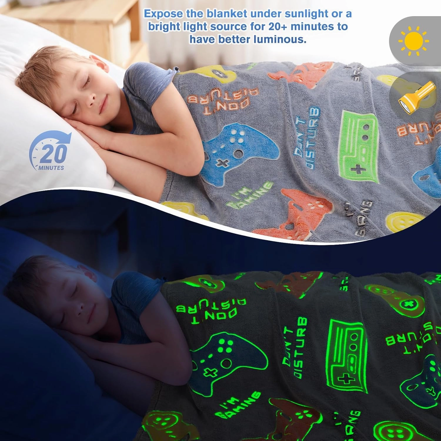 Gaming Blanket Gifts Toys for Boys - Glow in The Dark Game Controller Gamer Throw for Kids Age 1-14 Year Old Teens Child Toddler Son Birthday Christmas Valentines Easter Party Favors Presents 50"x60"