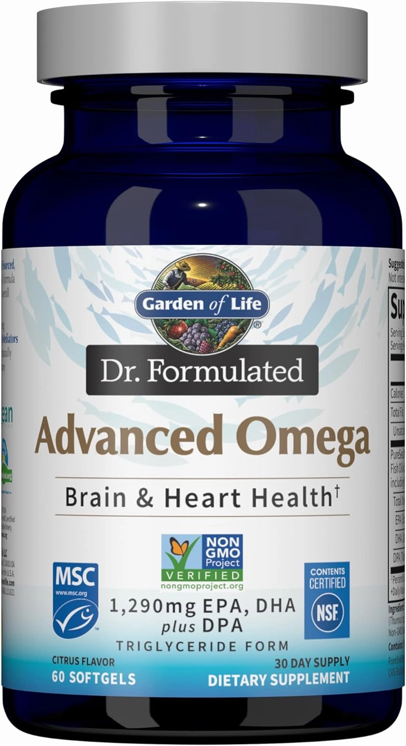 Garden of Life Dr. Formulated Advanced Omega Fish Oil - Lemon, 1,290mg EPA, DHA   DPA in Triglyceride Form, Single Source Omega 3 Supplement for Ultimate Brain & Heart Health, Non-GMO, 60 Softgels