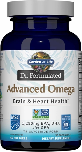 Garden of Life Dr. Formulated Advanced Omega Fish Oil - Lemon, 1,290mg EPA, DHA   DPA in Triglyceride Form, Single Source Omega 3 Supplement for Ultimate Brain & Heart Health, Non-GMO, 60 Softgels