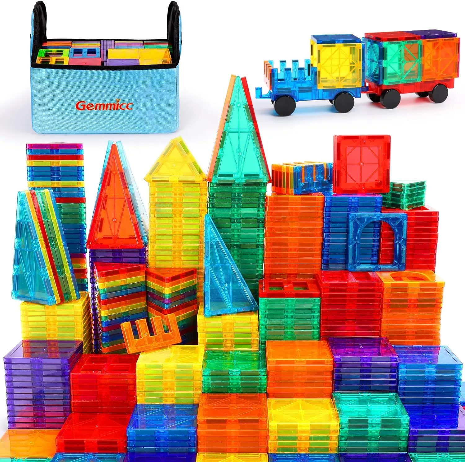 Gemmicc Magnetic Tiles, 126 PCS   Storage Case, STEM Building Blocks Magnet Toys for Kids,Educational Building Toy Stacking Blocks for Boys Girls,Huge Set with 2 Cars