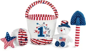 Genius Baby Toys American Flag Toy and USA Plush Playset - My 1st 4th of July Baby Toys - Soft Plush Sand Bucket with 4 Sensory Infant Toys - Fun Beach Toy - Perfect for Small Hands