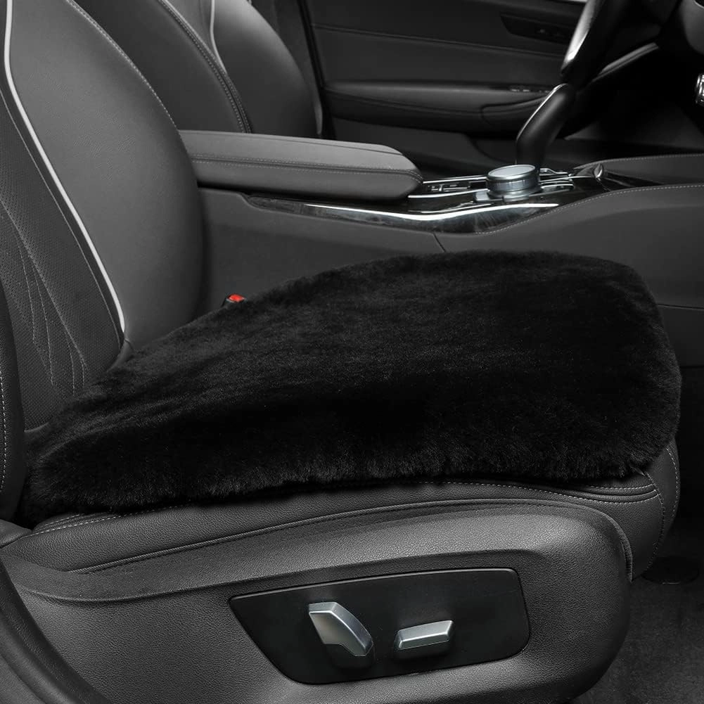 Genuine Sheepskin Auto Seat Pad, Australian Soft Wool Seat Cover Breathable and Sweat-Wicking Comfort Warm Universal Fit,19.2 inch x19.2 inch (Front seat Cushion 1pc, Black)