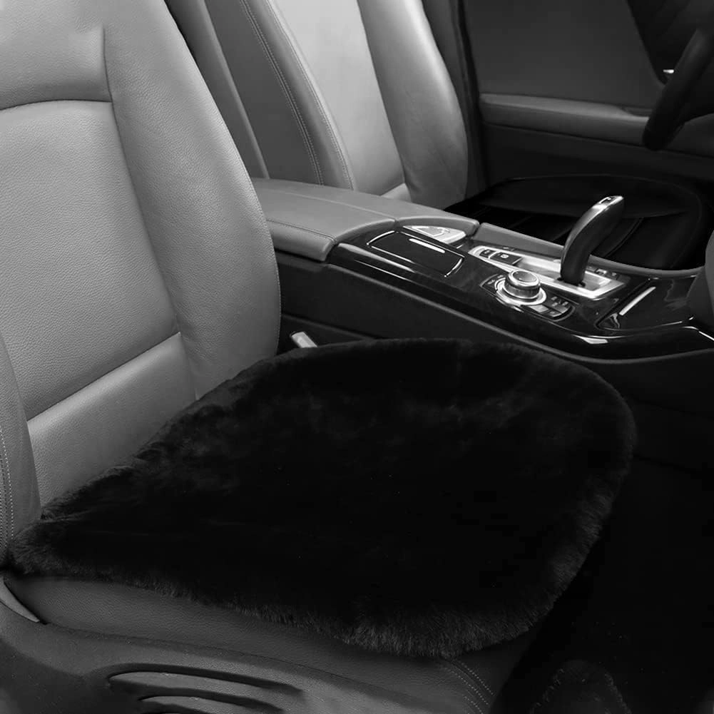 Genuine Sheepskin Auto Seat Pad, Australian Soft Wool Seat Cover Breathable and Sweat-Wicking Comfort Warm Universal Fit,19.2 inch x19.2 inch (Front seat Cushion 1pc, Black)