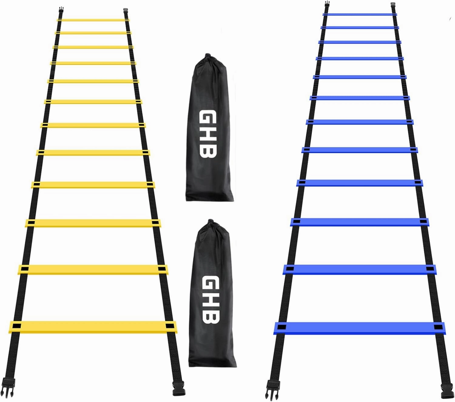 GHB Pro Agility Ladder 2 Pack Agility Training Ladder Speed 12 Rung 20ft with Carrying Bag (Yellow and Blue)