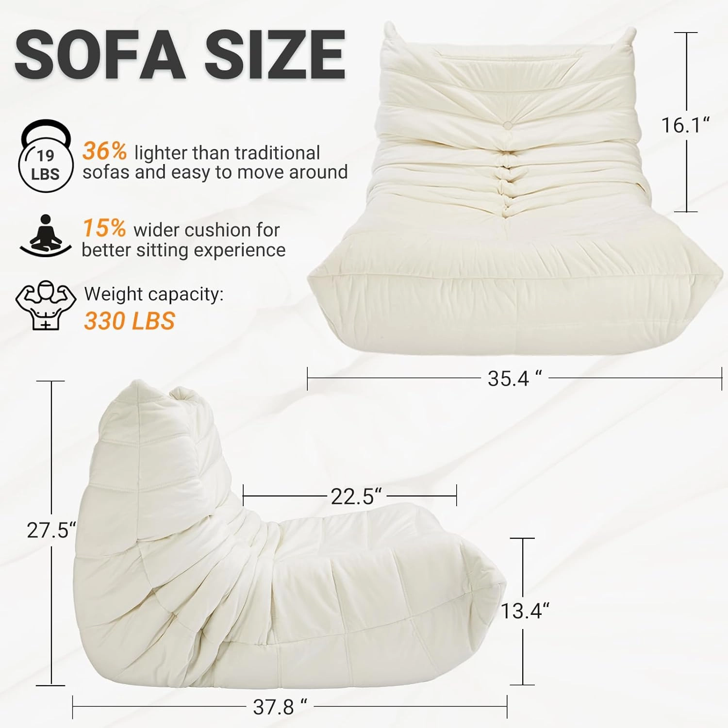 Giant Bean Bag Chair - Comfy High-Density Foam Fireside Chair, Adult Size, Soft Dutch Velvet Cover Beanbag Couch, Versatile for Living Room, Bedroom, Dorm, Reading & Gaming (Beige)