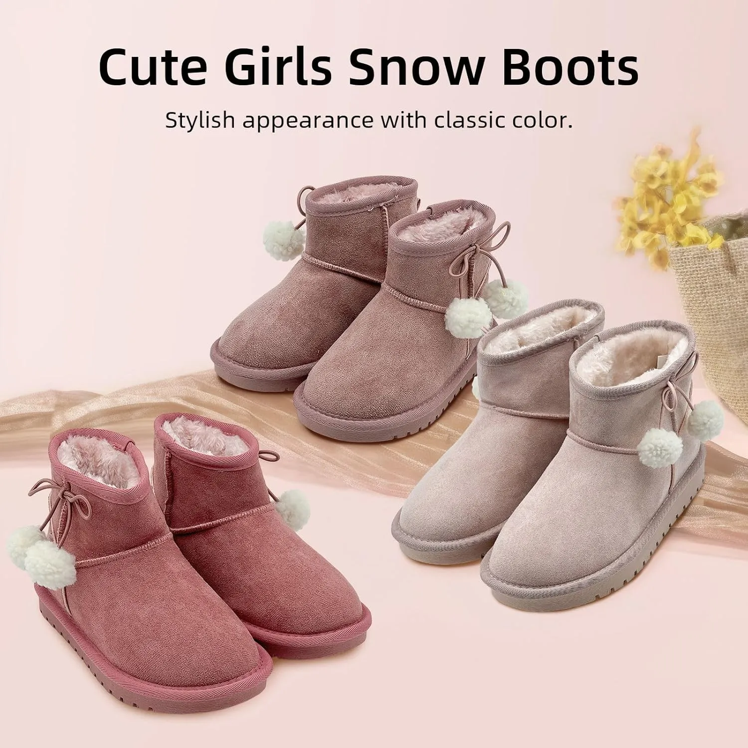Girls Boots Kids Winter Snow Boots Faux Fur Lined Short Boots Fuzzy Warm Ankle Shoes for Little Big Kids Girls