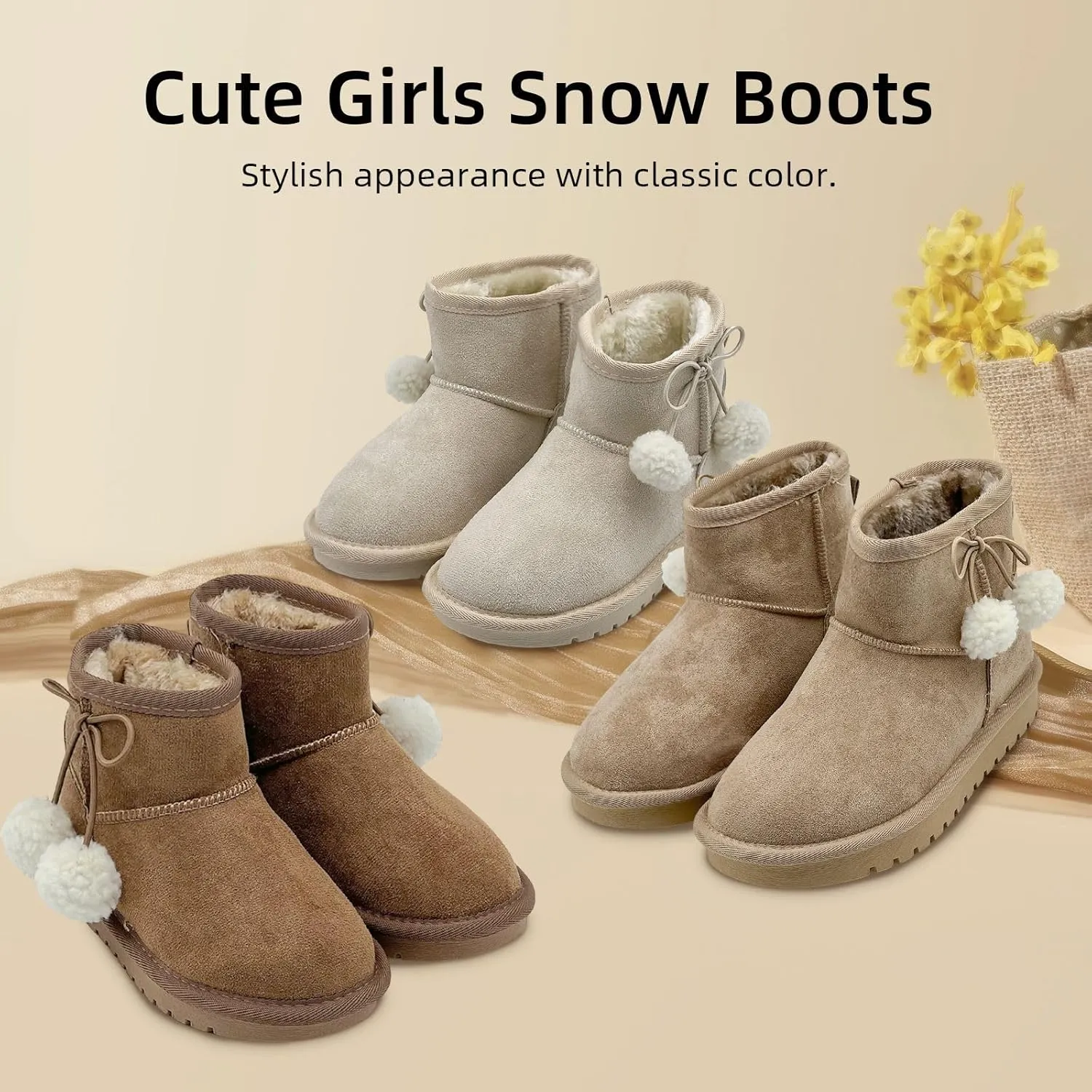Girls Boots Kids Winter Snow Boots Faux Fur Lined Short Boots Fuzzy Warm Ankle Shoes for Little Big Kids Girls
