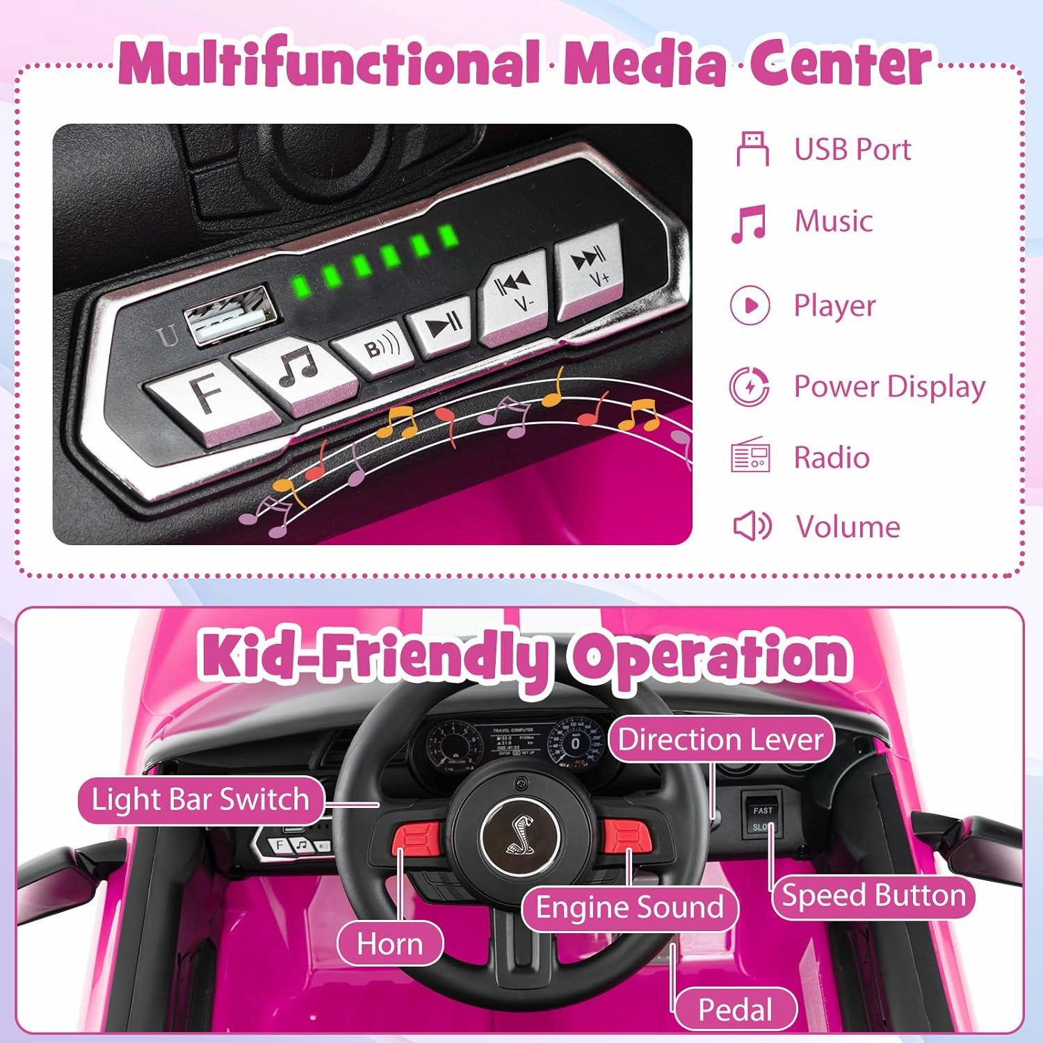GLACER 12V Ride On Car, Licensed Ford Mustang Shelby GT500 Electric Vehicle w/ 2.4G Parent Remote Control, High Low Speed & Soft Start, Kids Car w/USB, Radio, Music & Lights, Car for Kids (Pink)