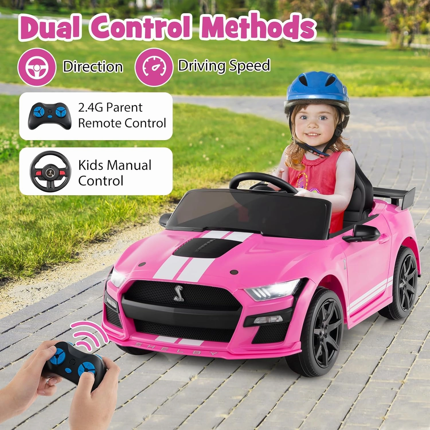 GLACER 12V Ride On Car, Licensed Ford Mustang Shelby GT500 Electric Vehicle w/ 2.4G Parent Remote Control, High Low Speed & Soft Start, Kids Car w/USB, Radio, Music & Lights, Car for Kids (Pink)