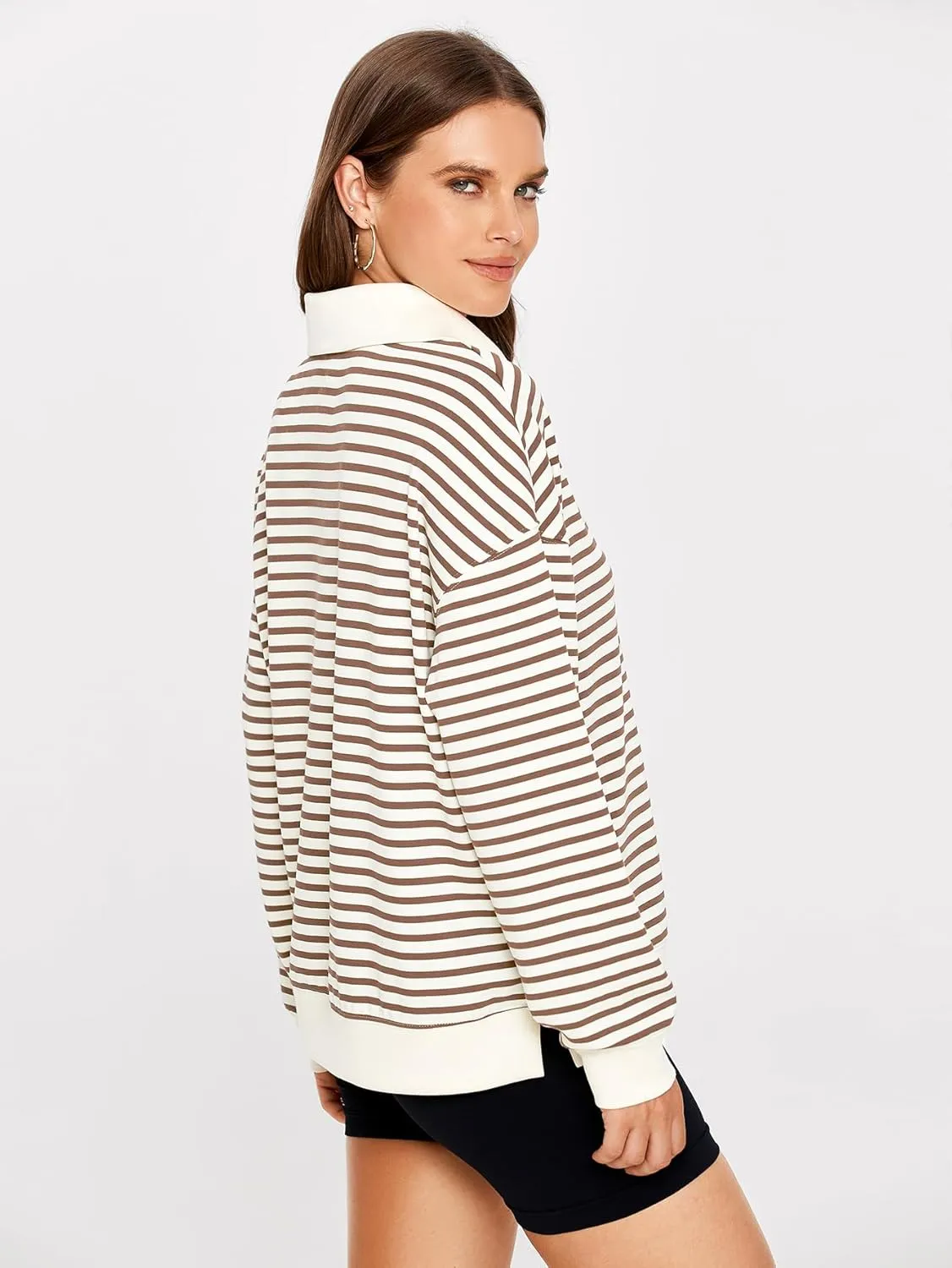 Glamaker Womens Striped Quarter Zip Sweatshirt Casual Long Sleeve Lapel Pullover Tops Fall Outfit Trendy Fashion Clothes