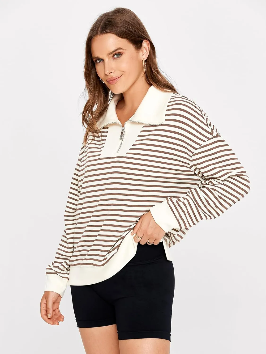 Glamaker Womens Striped Quarter Zip Sweatshirt Casual Long Sleeve Lapel Pullover Tops Fall Outfit Trendy Fashion Clothes