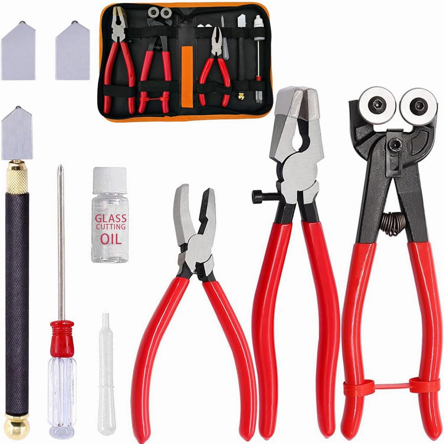 Glass Cutting Tool Set Kit, Wheeled Glass Tile Nippers Glass Running Pliers Breaking Pliers Oil Feed Glass Cutter Set with Leather Zipper Bag for Stained Glass, Tiles, Mosaic, Mirrors,Bottle, Fusing