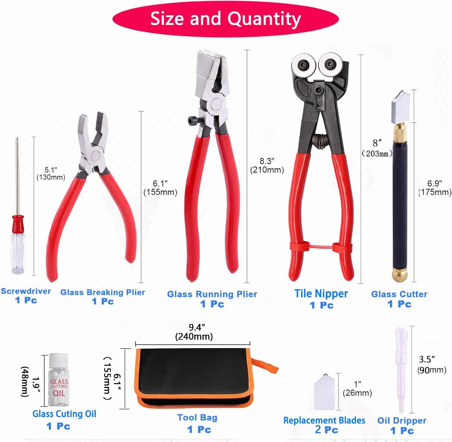 Glass Cutting Tool Set Kit, Wheeled Glass Tile Nippers Glass Running Pliers Breaking Pliers Oil Feed Glass Cutter Set with Leather Zipper Bag for Stained Glass, Tiles, Mosaic, Mirrors,Bottle, Fusing