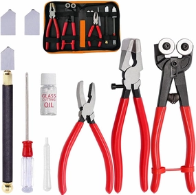 Glass Cutting Tool Set Kit, Wheeled Glass Tile Nippers Glass Running Pliers Breaking Pliers Oil Feed Glass Cutter Set with Leather Zipper Bag for Stained Glass, Tiles, Mosaic, Mirrors,Bottle, Fusing