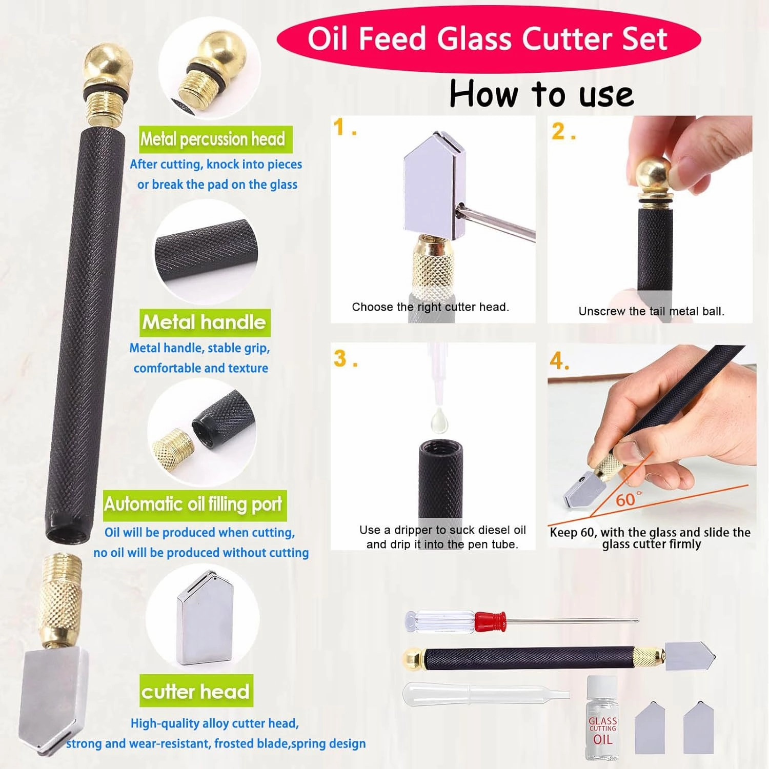 Glass Cutting Tool Set Kit, Wheeled Glass Tile Nippers Glass Running Pliers Breaking Pliers Oil Feed Glass Cutter Set with Leather Zipper Bag for Stained Glass, Tiles, Mosaic, Mirrors,Bottle, Fusing