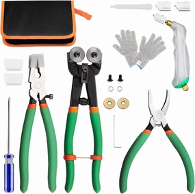 Glass Mosaic Cutter Kits, Including Wheeled Glass Nipper Plier with Replacement Glass Running Pliers and Breaker Grozer Pliers Oil Feed Glass Cutter Set Stained Glass Kit with Storage Bag