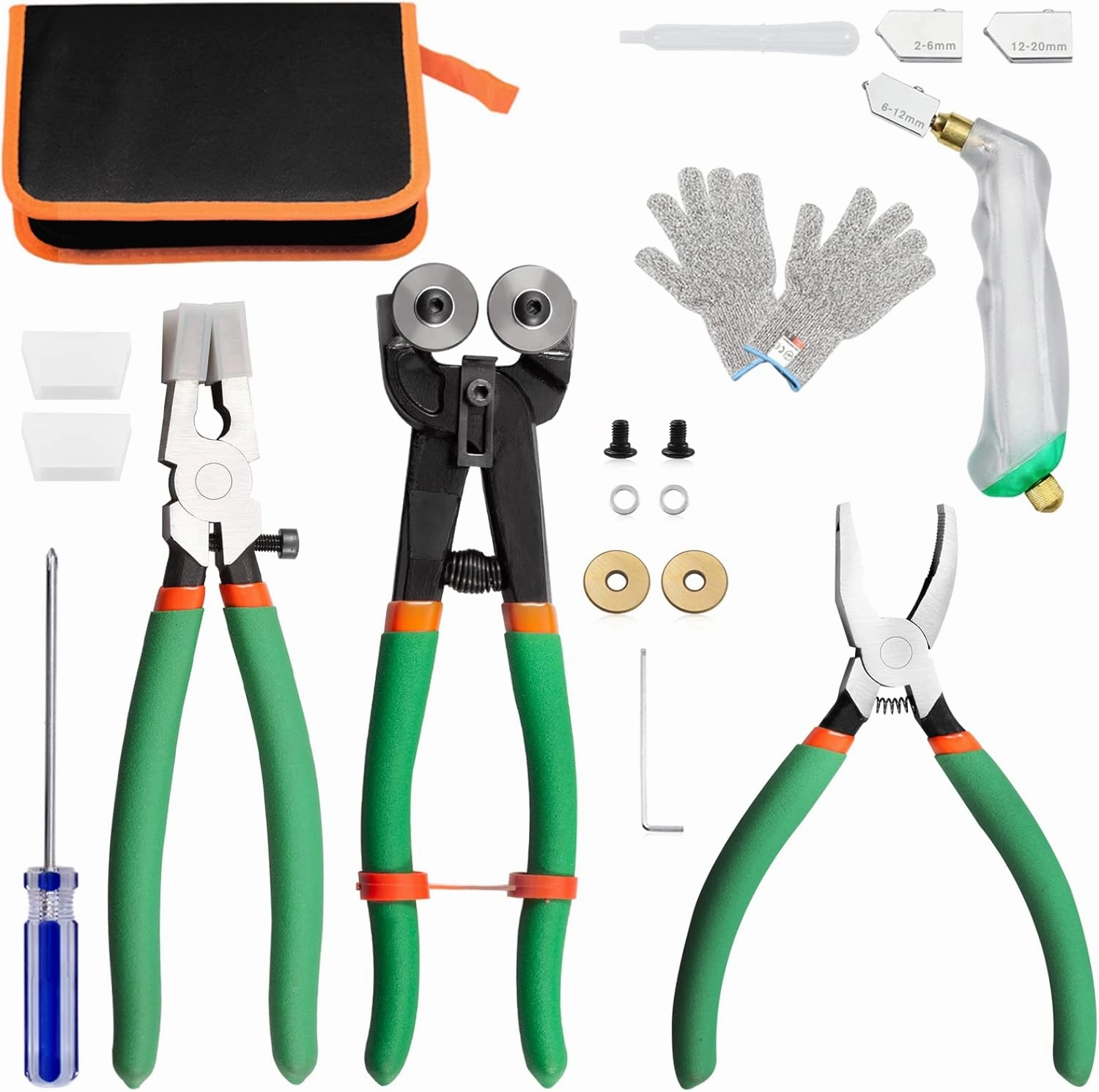 Glass Mosaic Cutter Kits, Including Wheeled Glass Nipper Plier with Replacement Glass Running Pliers and Breaker Grozer Pliers Oil Feed Glass Cutter Set Stained Glass Kit with Storage Bag