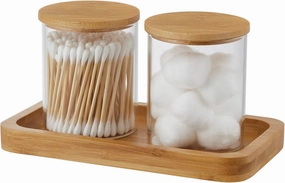 Glass Qtip Holder with Vanity Tray, Apothecary Jars Bathroom Accessories Bathroom Canisters Organizer Countertop Q Tip Holder for Cotton Ball Round Swab Pad Hair Ties Floss Perfume Jewelry