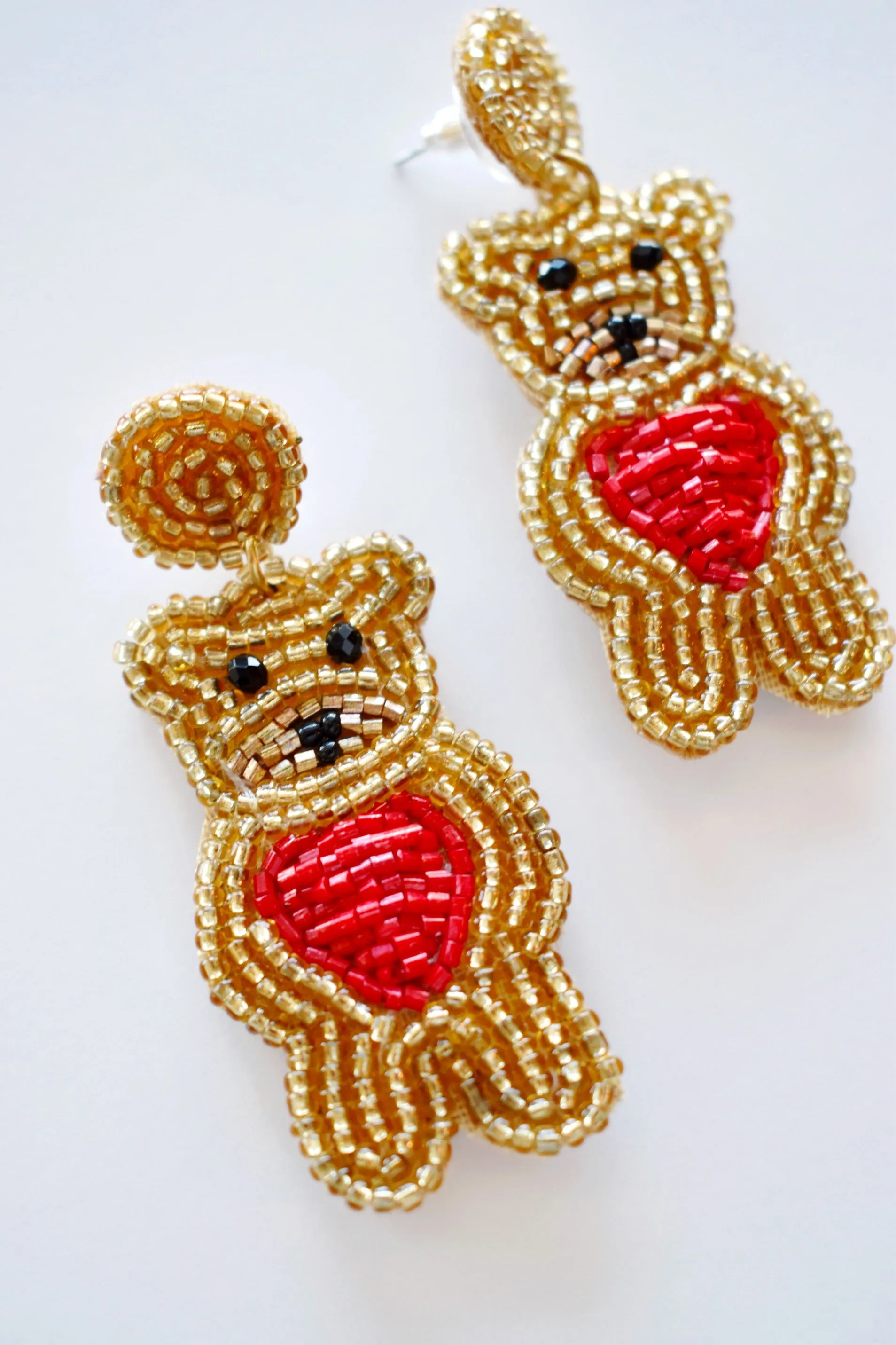 Gold & Red Teddy Bear Heart Earrings