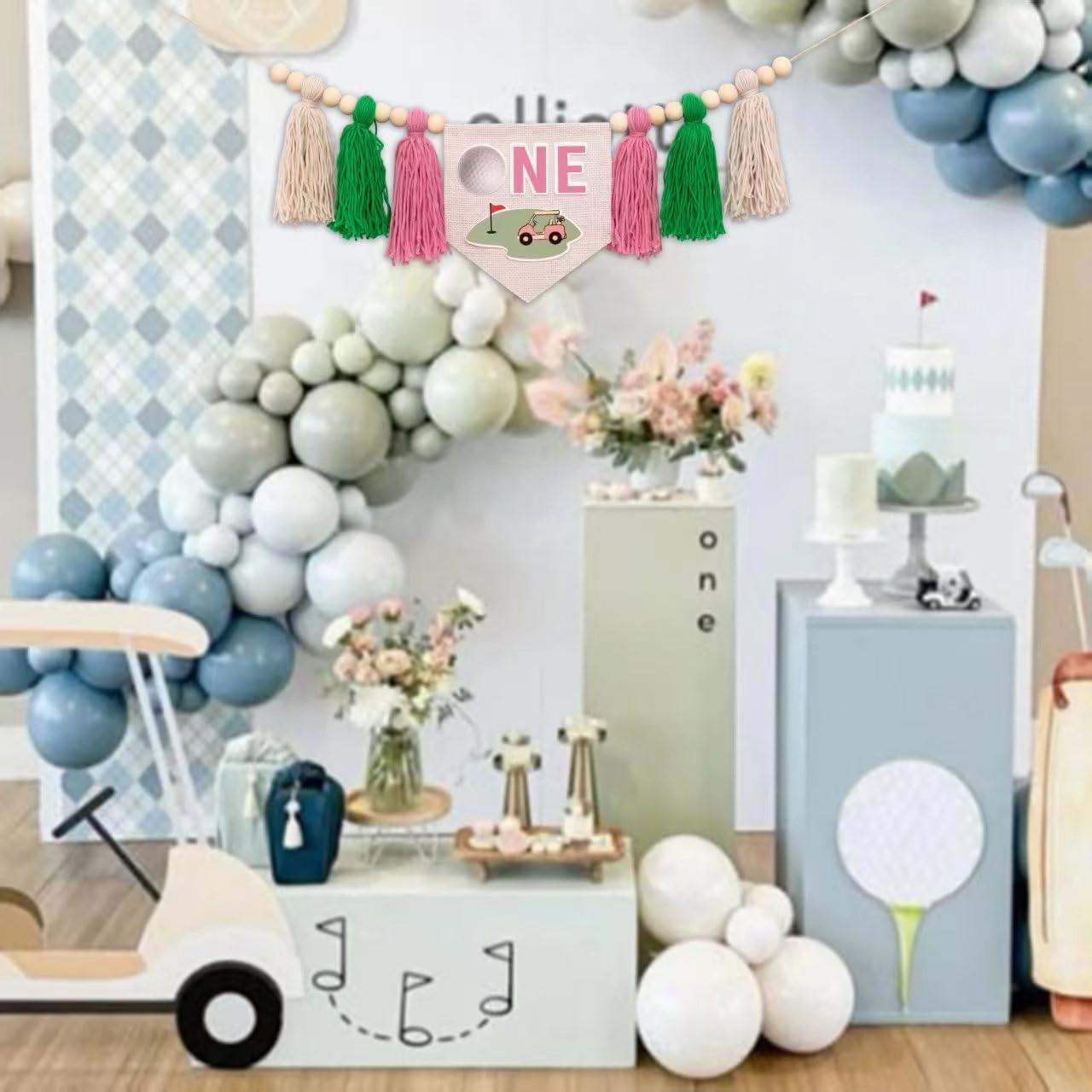 Golf High Chair Banner 1st Birthday - Hole in One Highchair Banner, Sports First Birthday Decorations for Party, Cake Smash, Photo Prop（Pink）