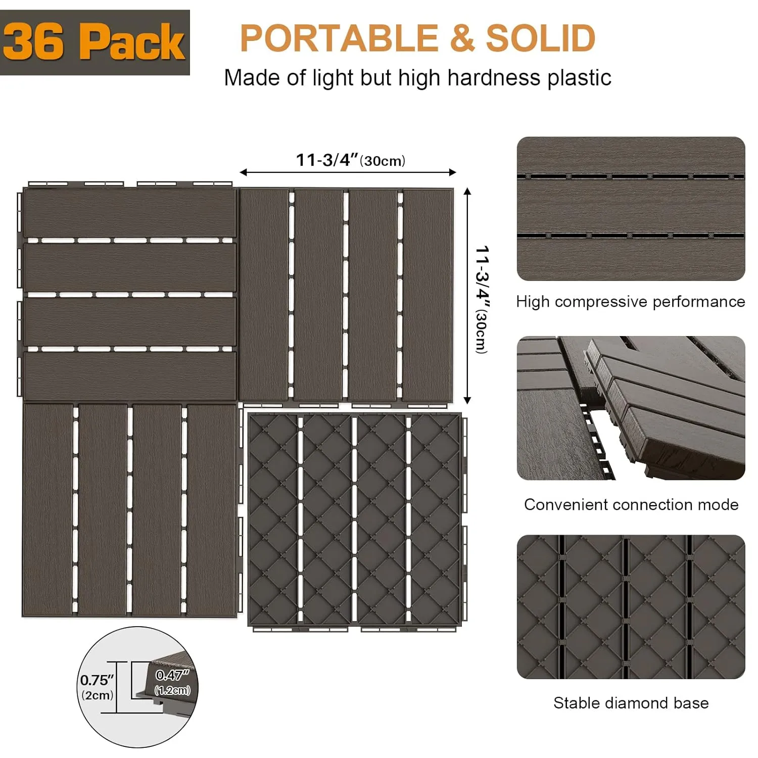 Goovilla Plastic Interlocking Deck Tiles, 36 Pack Balcony Flooring, 12"x12" Waterproof Outdoor Flooring All Weather Use, Patio Floor Decking Tiles for Porch Poolside Backyard Concrete, Dark Coffee