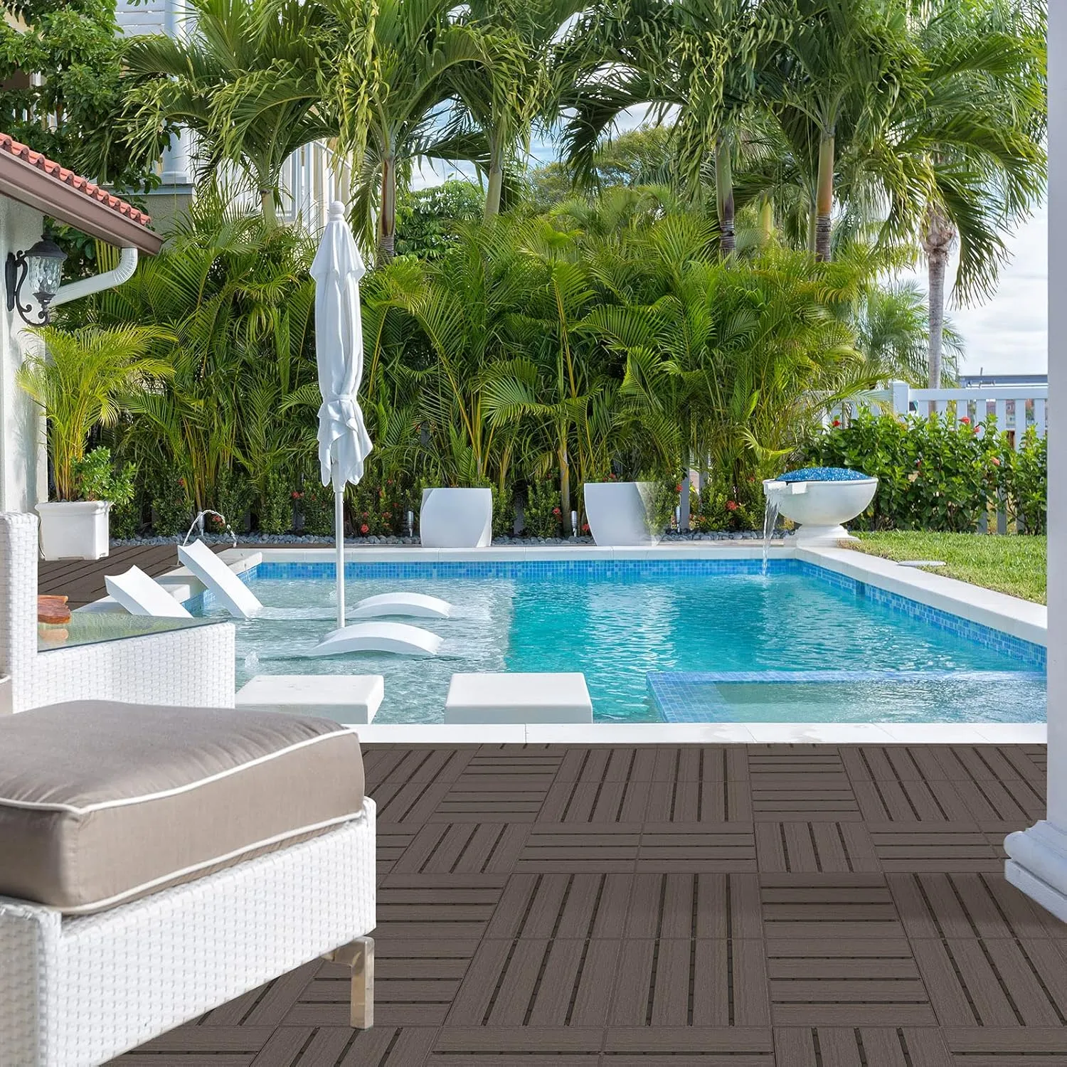 Goovilla Plastic Interlocking Deck Tiles, 36 Pack Balcony Flooring, 12"x12" Waterproof Outdoor Flooring All Weather Use, Patio Floor Decking Tiles for Porch Poolside Backyard Concrete, Dark Coffee