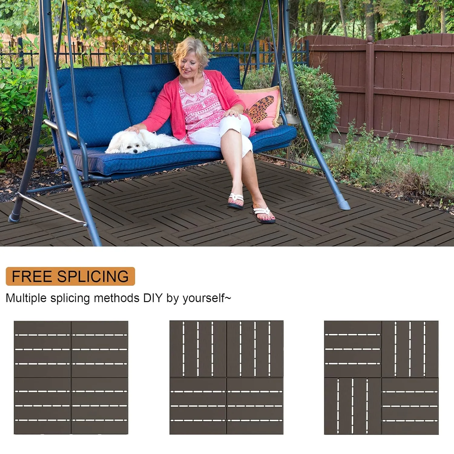 Goovilla Plastic Interlocking Deck Tiles, 36 Pack Balcony Flooring, 12"x12" Waterproof Outdoor Flooring All Weather Use, Patio Floor Decking Tiles for Porch Poolside Backyard Concrete, Dark Coffee