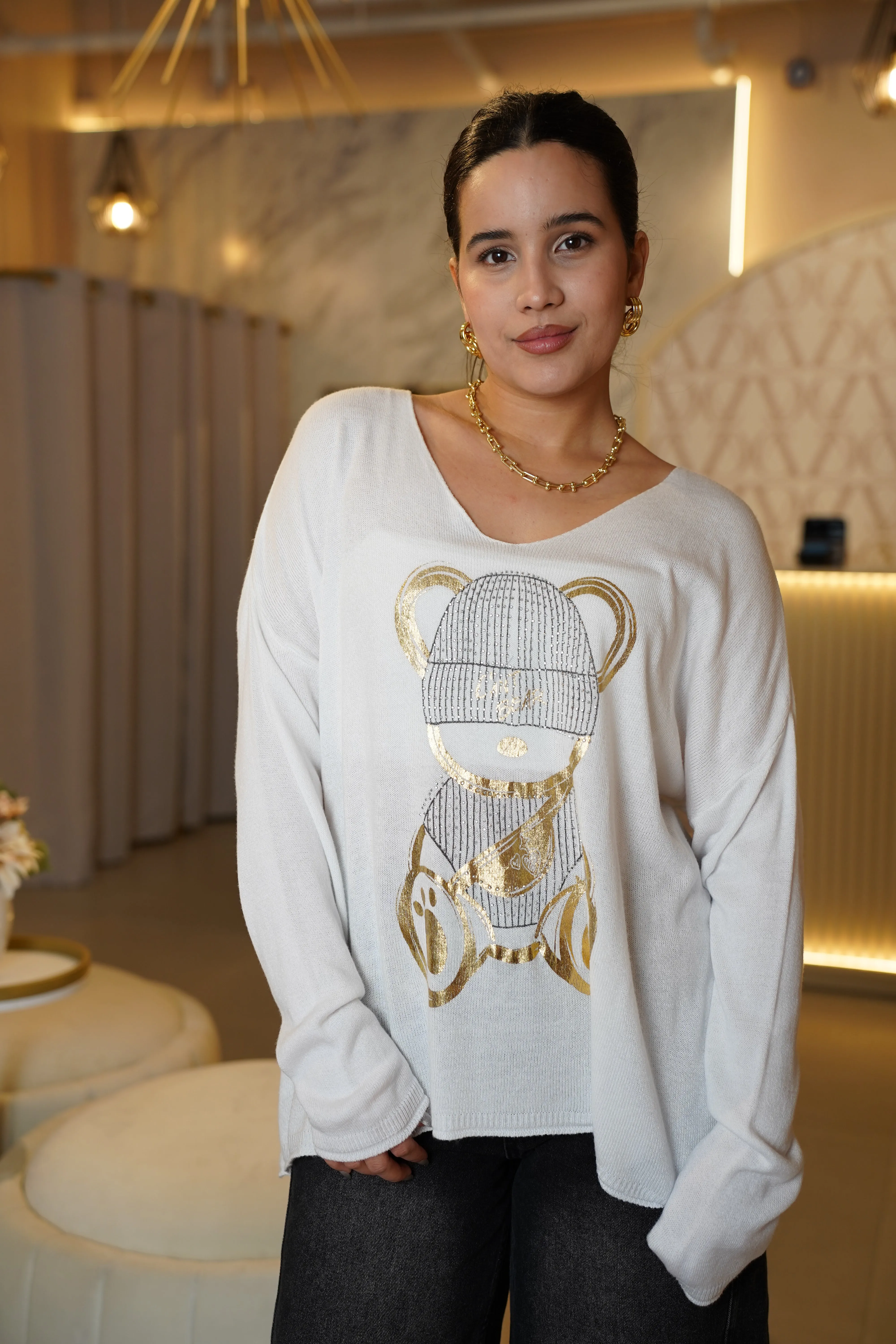 Gracie Bear Sweater – Cozy Meets Cute in Metallic Gold