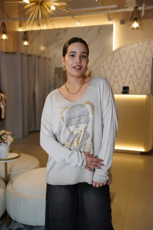 Gracie Bear Sweater – Cozy Meets Cute in Metallic Gold