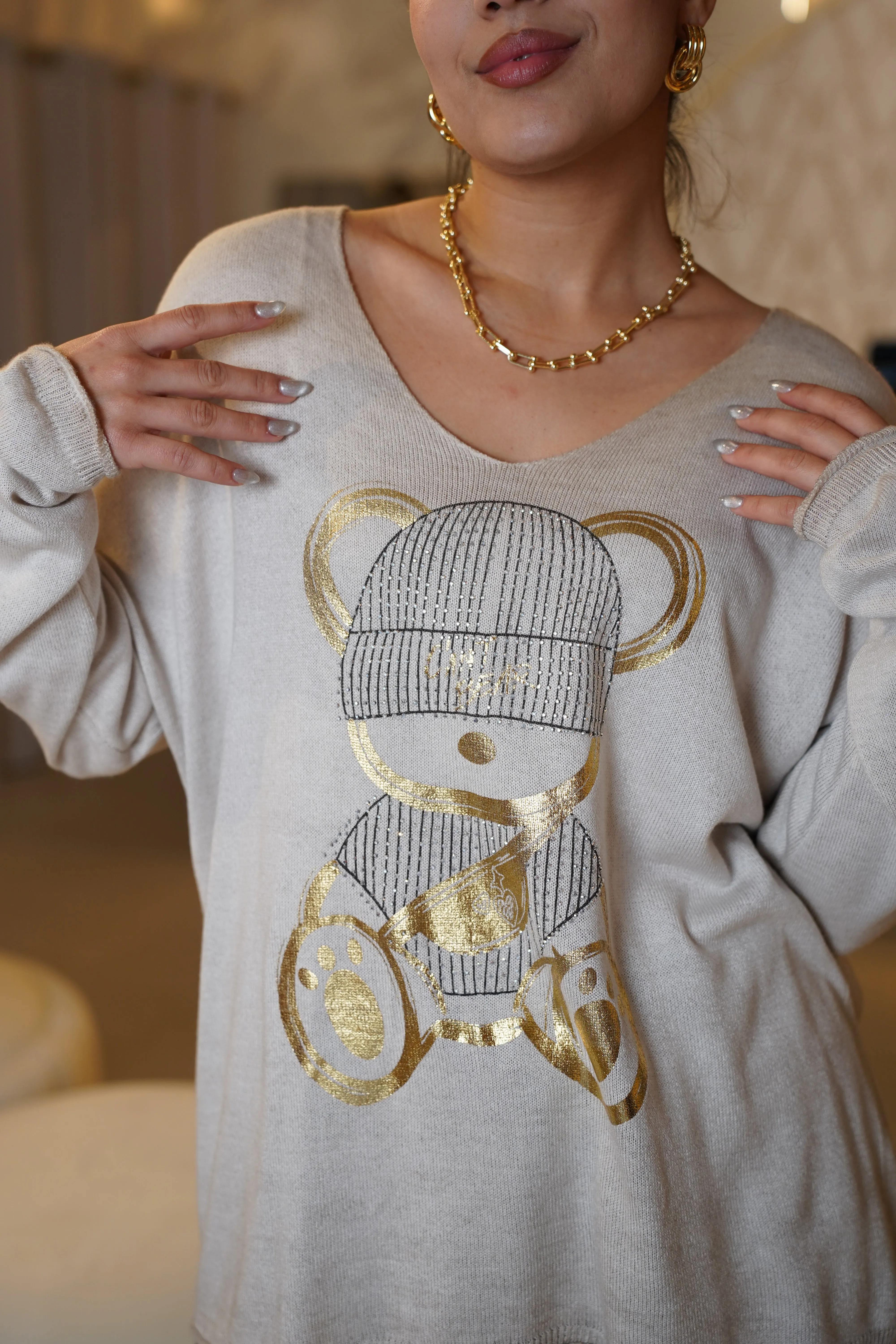 Gracie Bear Sweater – Cozy Meets Cute in Metallic Gold