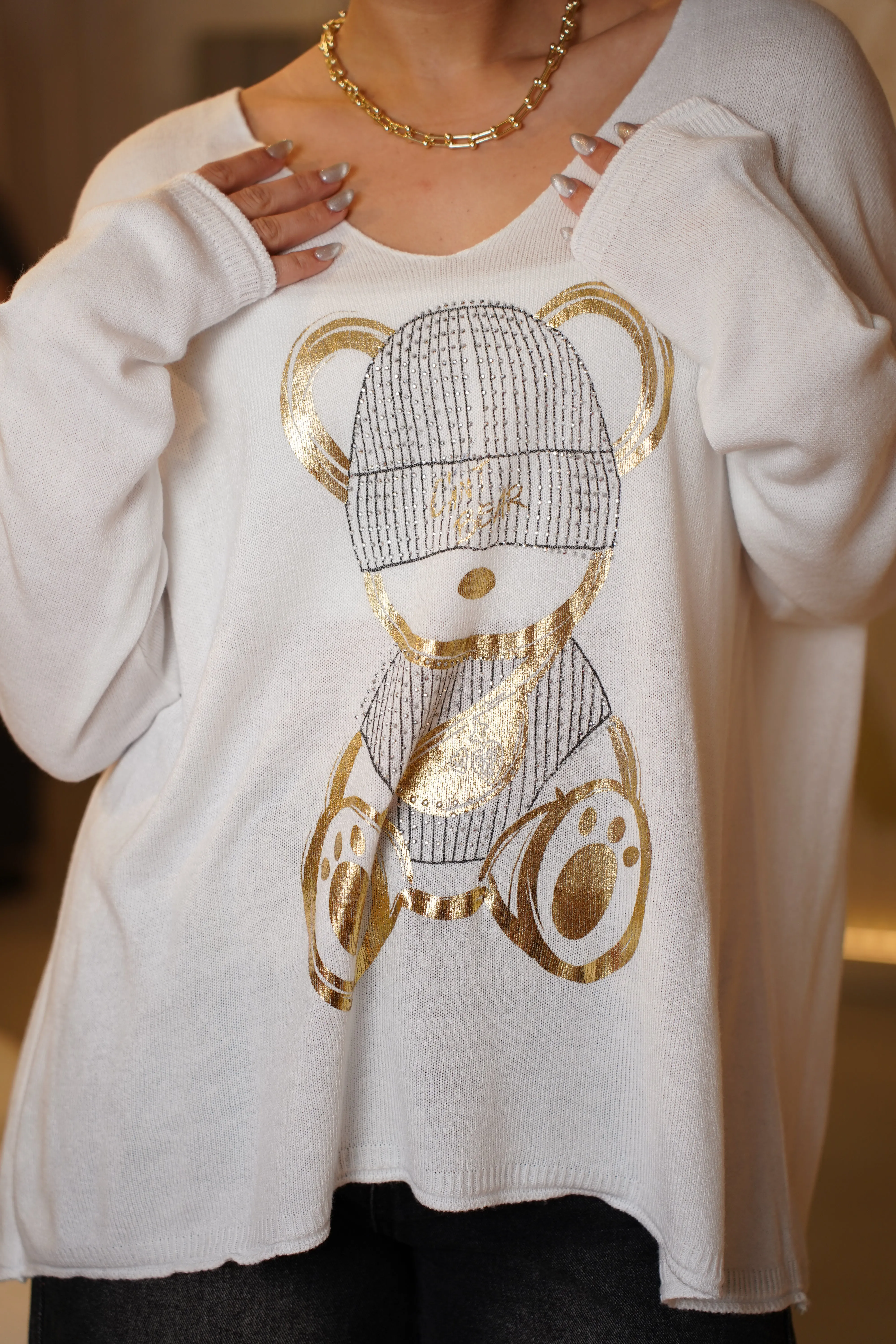 Gracie Bear Sweater – Cozy Meets Cute in Metallic Gold
